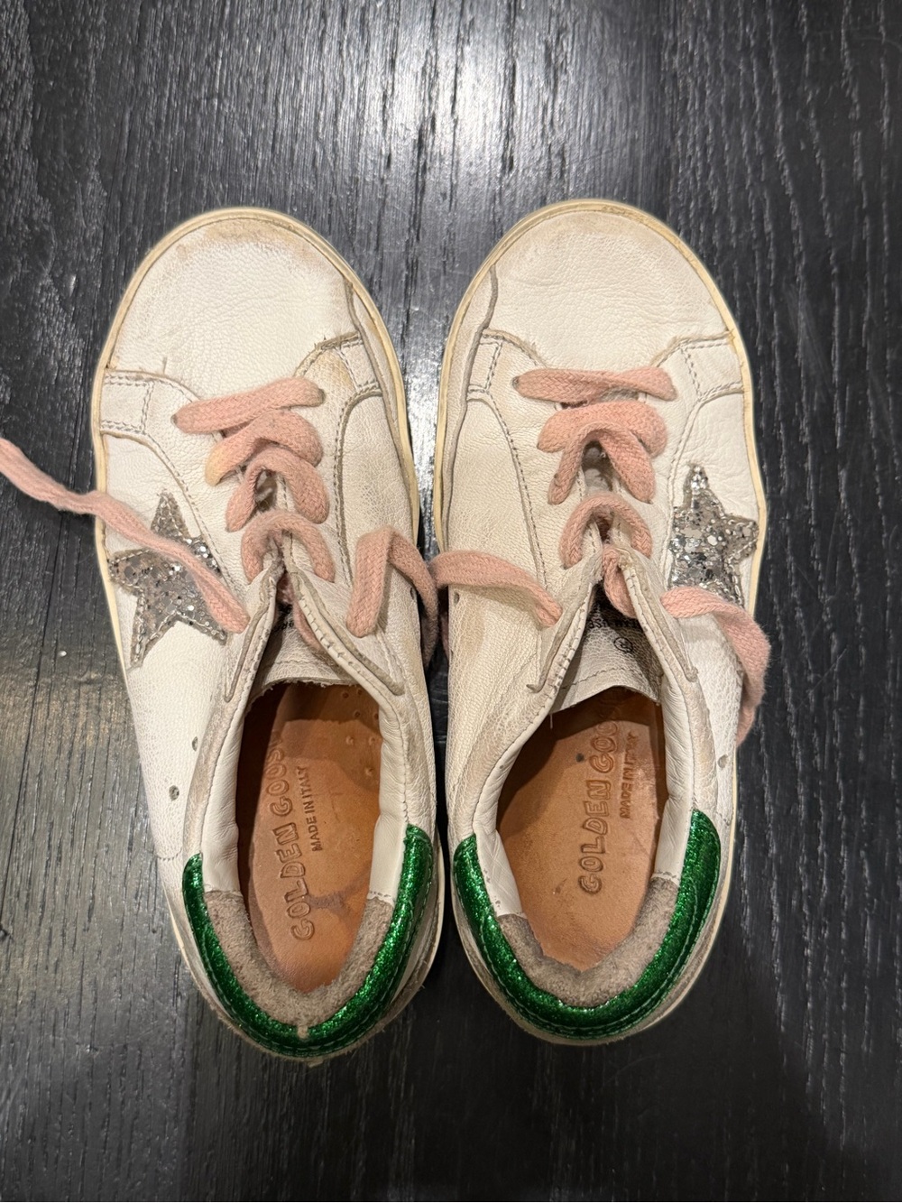 Golden Goose Kids White Sneakers with Pink Laces and Green Heel